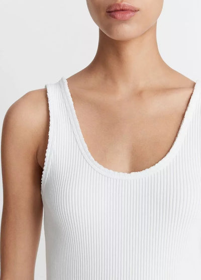 RAW EDGE RIBBED SCOOP NECK TANK IN OPTIC WHITE - Romi Boutique