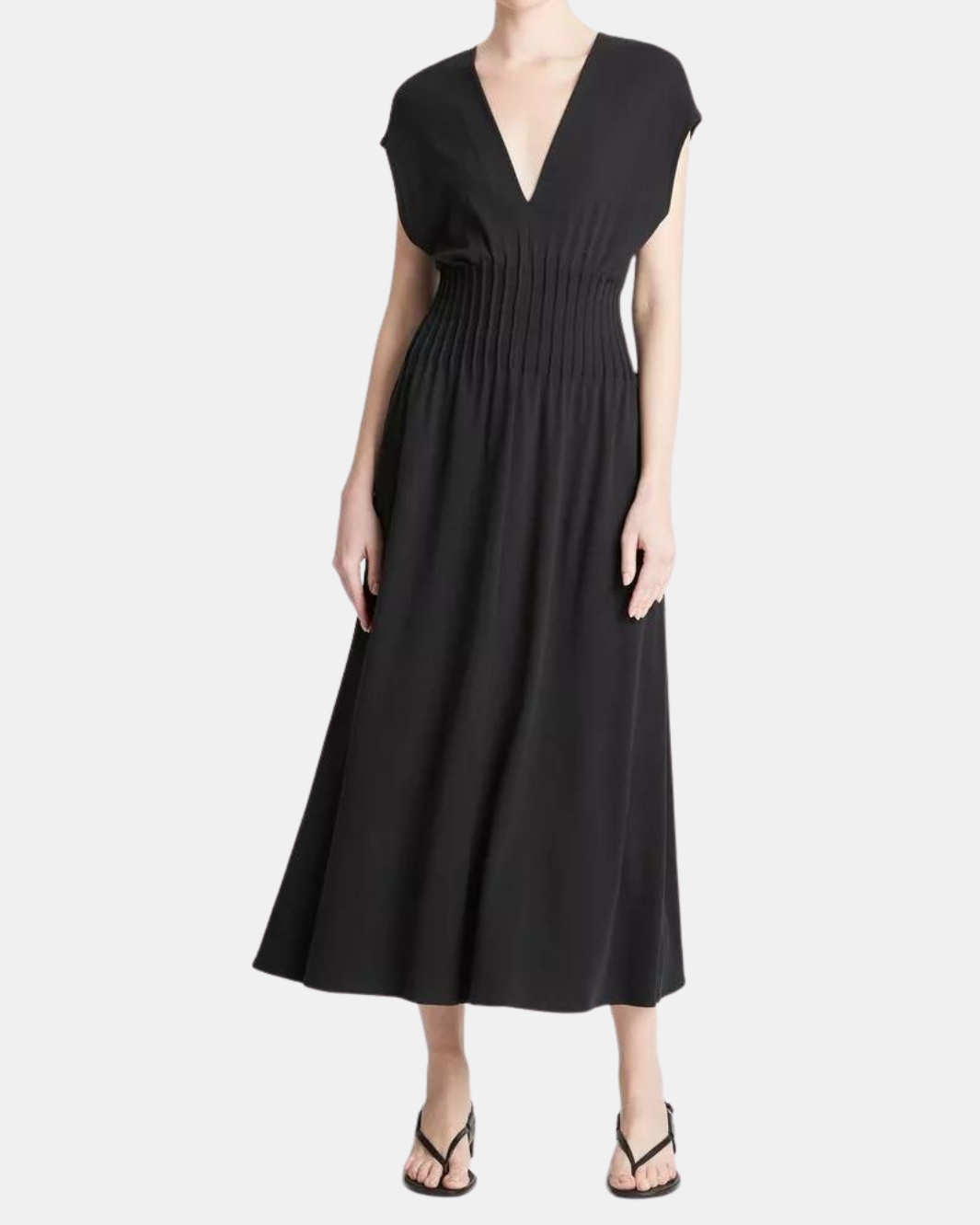 PINTUCK COTTON V NECK DRESS IN BLACK - Romi Boutique