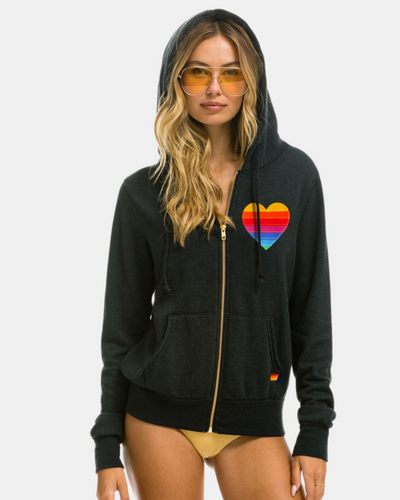RAINBOW HEART STITCH ZIP HOODIE IN CHARCOAL - Romi Boutique