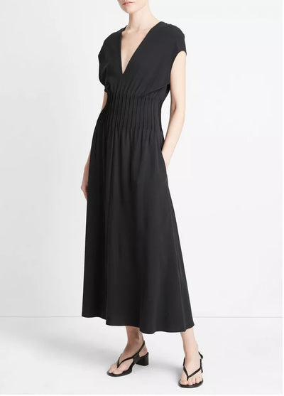 PINTUCK COTTON V NECK DRESS IN BLACK - Romi Boutique