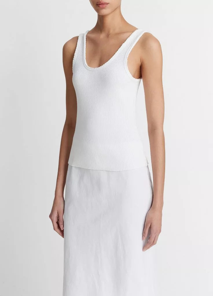 RAW EDGE RIBBED SCOOP NECK TANK IN OPTIC WHITE - Romi Boutique
