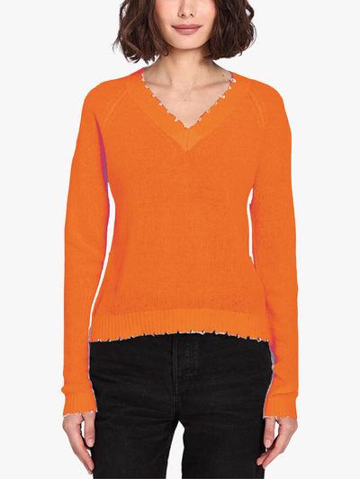 CASHMERE FRAYED CROPPED V-NECK IN TANGELO - Romi Boutique