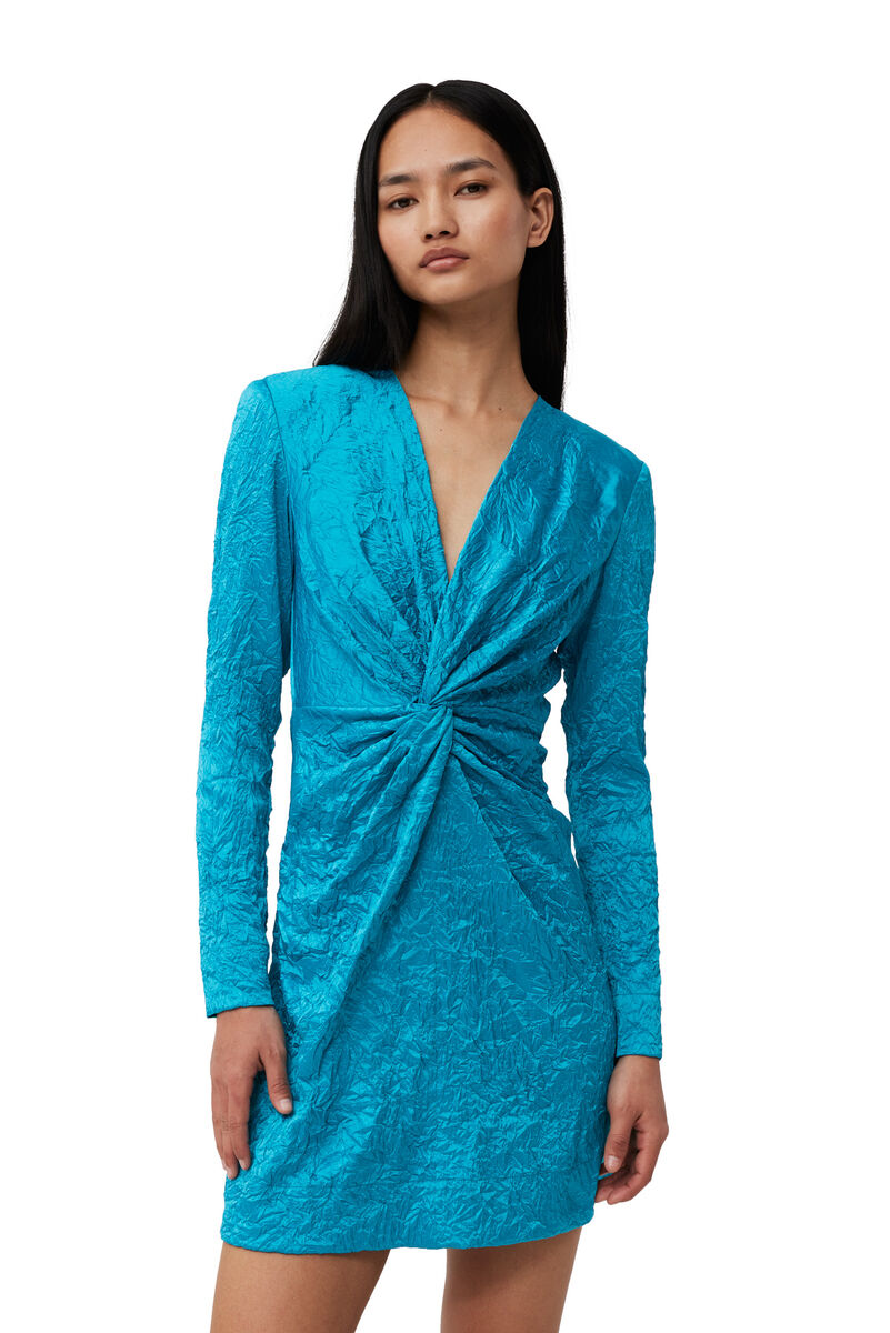 CRINKLED SATIN GATHERED KNOT MINI DRESS IN ALGIERS BLUE - Romi Boutique