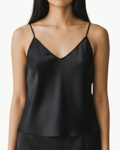 V-NECK SILK CAMI IN BLACK - Romi Boutique