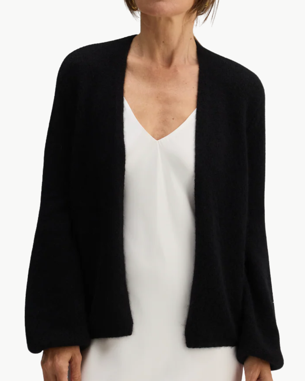 JUNIPER BALLOON-SLEEVE OPEN CARDIGAN IN BLACK