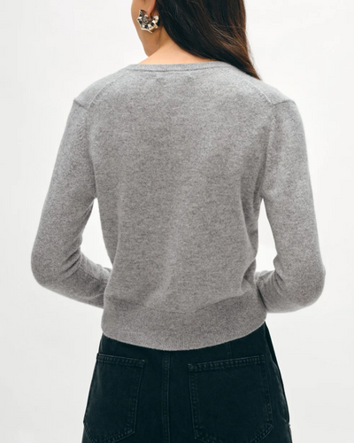 CASHMERE CREWNECK CARDIGAN IN GREY HEATHER