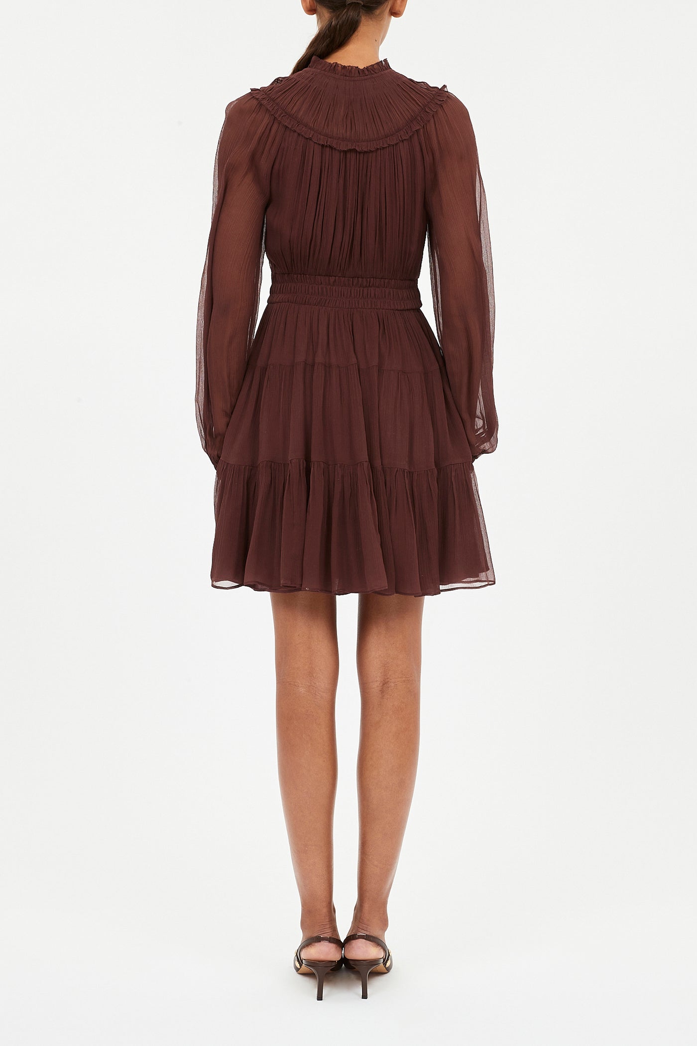 AVA SILK LONG SLEEVE MINI DRESS IN MAHOGANY