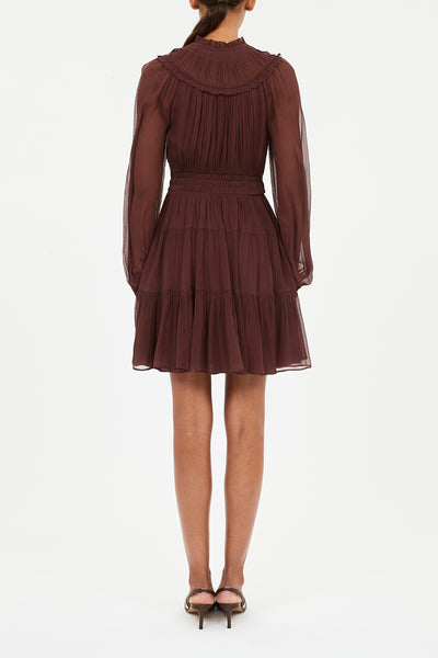 AVA SILK LONG SLEEVE MINI DRESS IN MAHOGANY