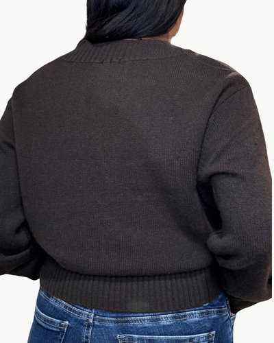 CASHMERE WIDE RIB TRIM VNECK IN DARK UMBER