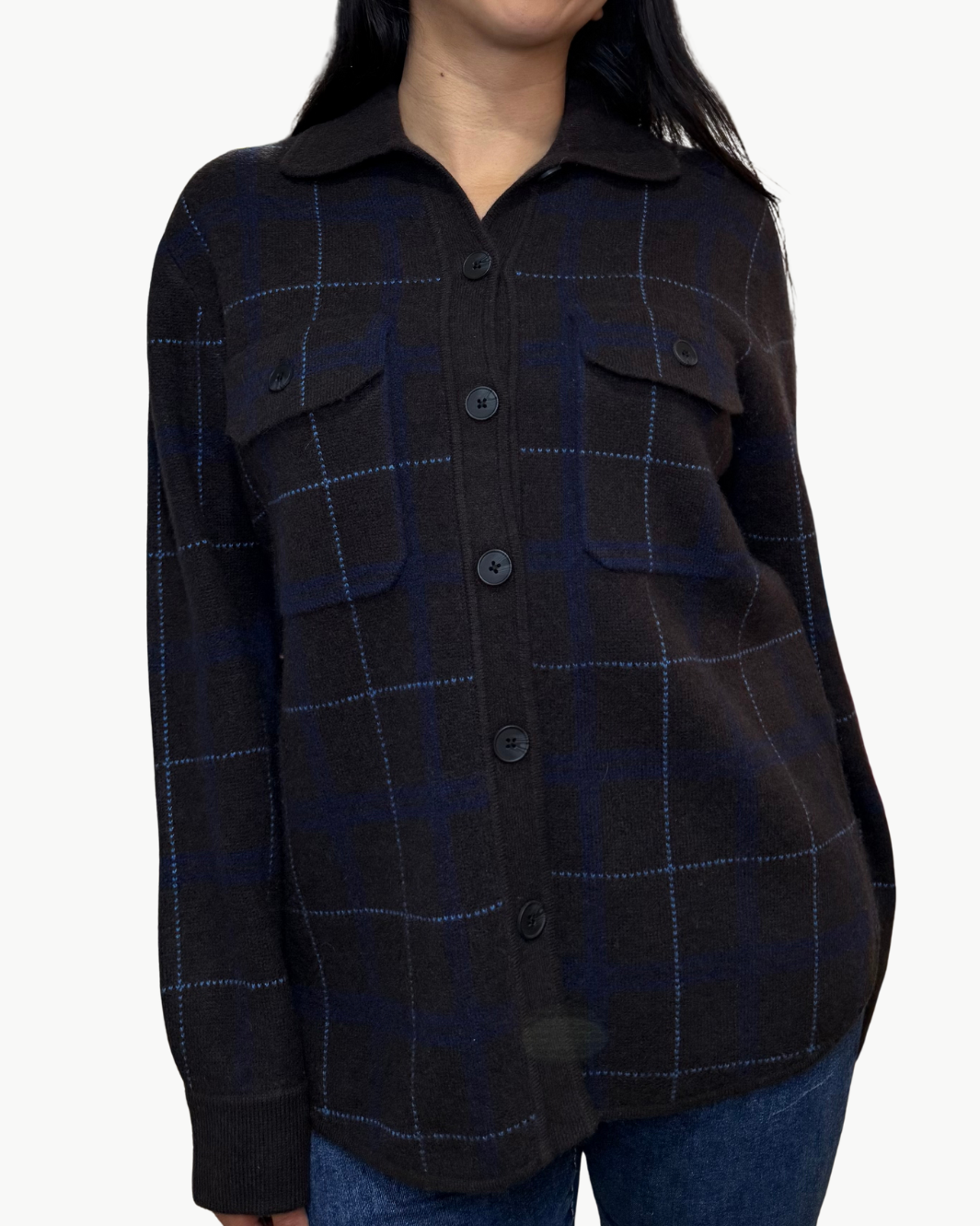 CASHMERE LUXE PLAID SHACKET IN DARK UMBER