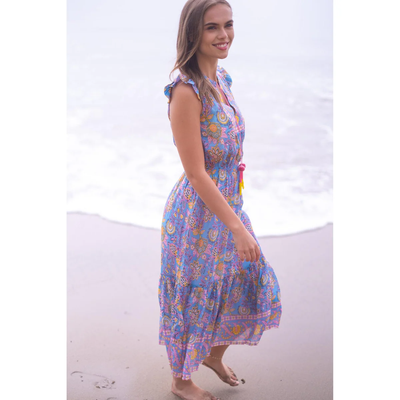 LOLA MIDI DRESS IN BLUE YELLOW PRINT