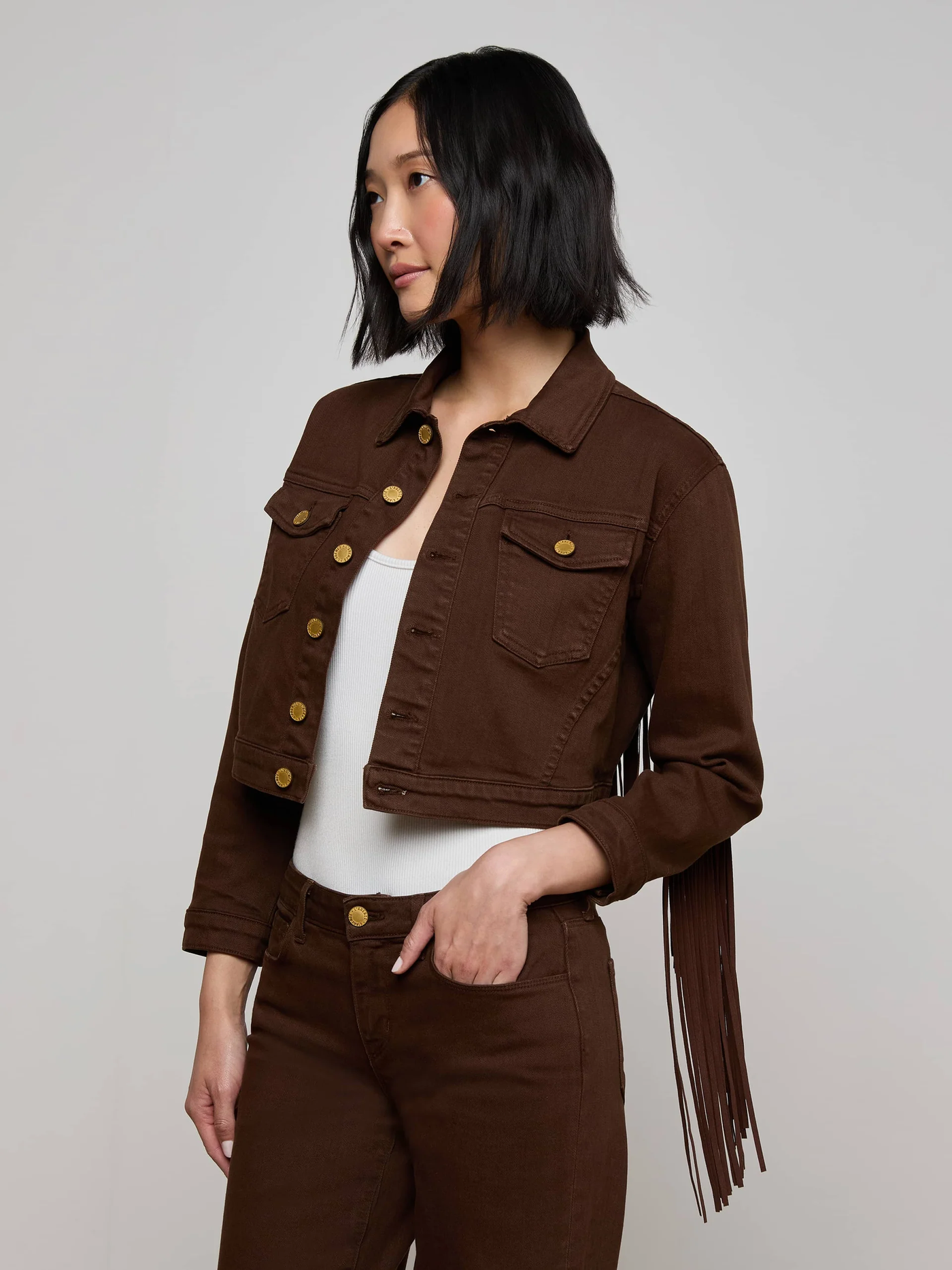 KODA FRINGE JEAN JACKET IN BROWN