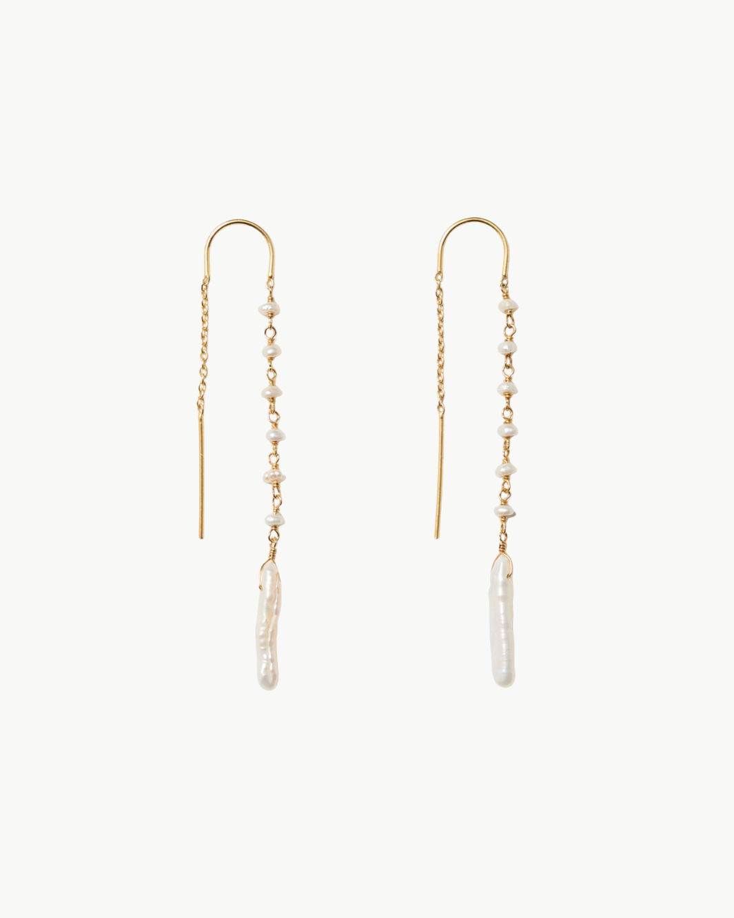 GOLD THREAD THRU EARRINGS IN WHITE PEARL