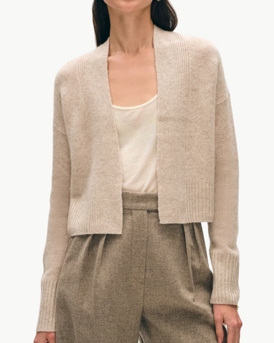 CASHMERE FEATHERWEIGHT OPEN CARDIGAN IN SAND WISP HEATHER - Romi Boutique