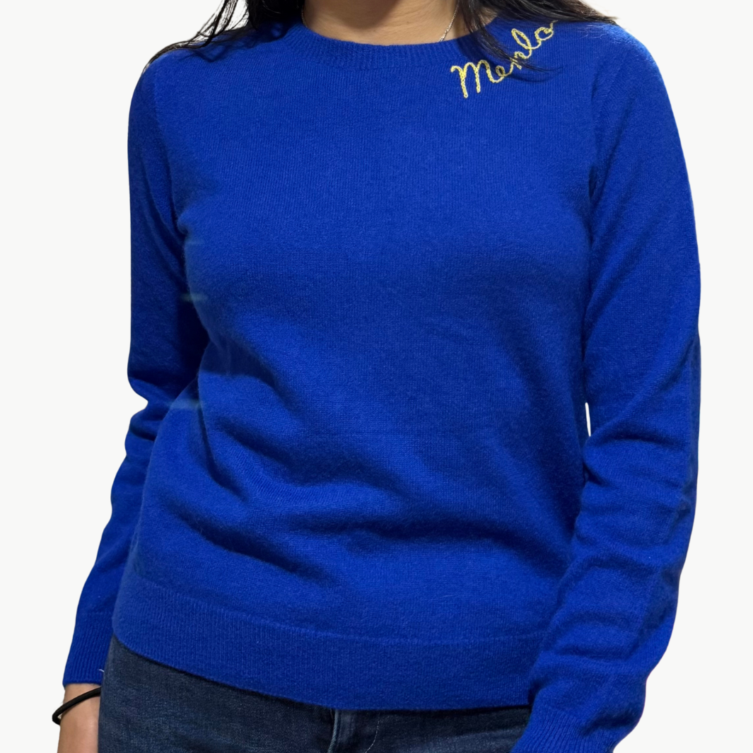 I Stole My Boyfriend's Shirt MENLO CASHMERE CREW IN COBALT BLUE/YELLOW at Romi Boutique