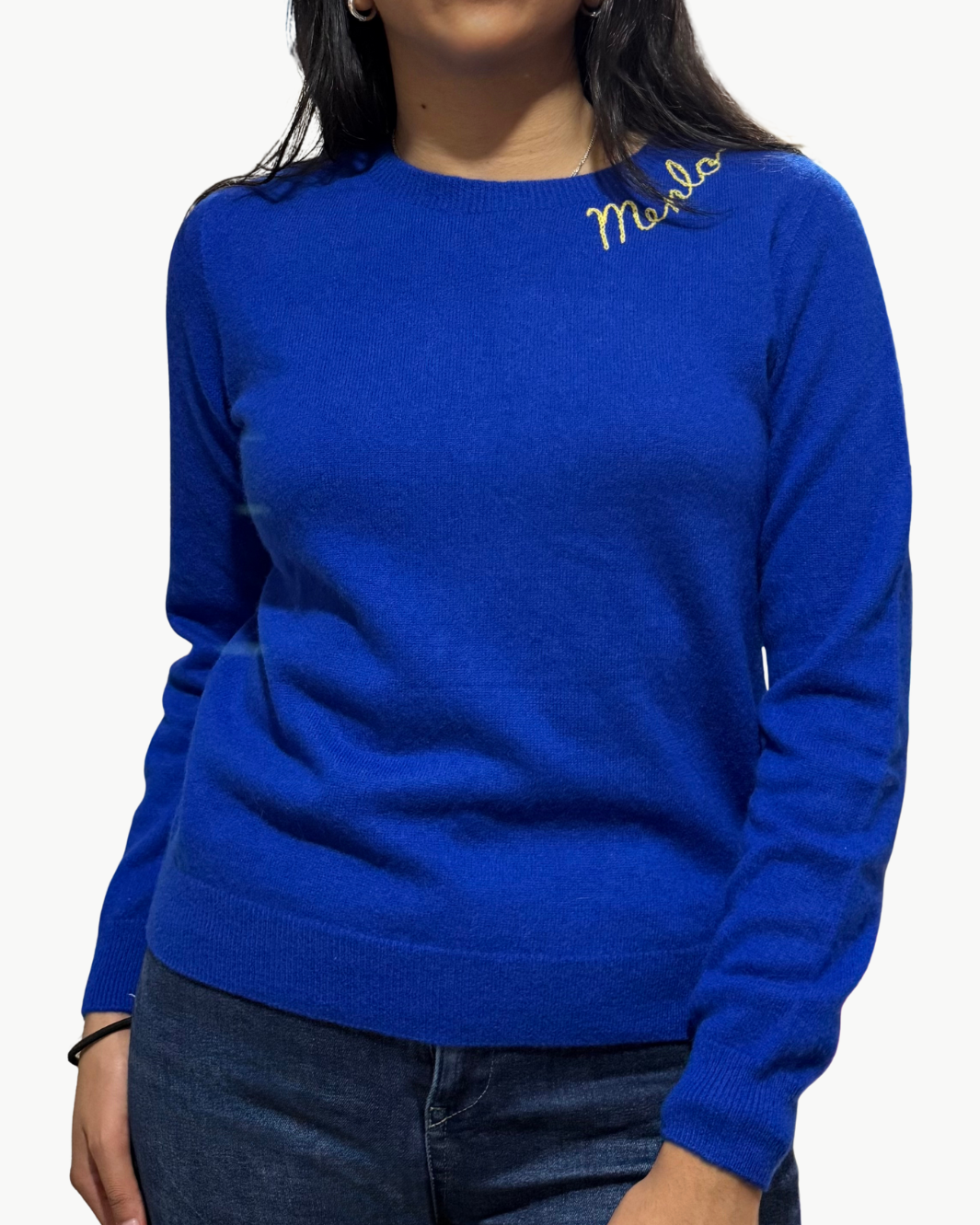 I Stole My Boyfriend's Shirt MENLO CASHMERE CREW IN COBALT BLUE/YELLOW at Romi Boutique