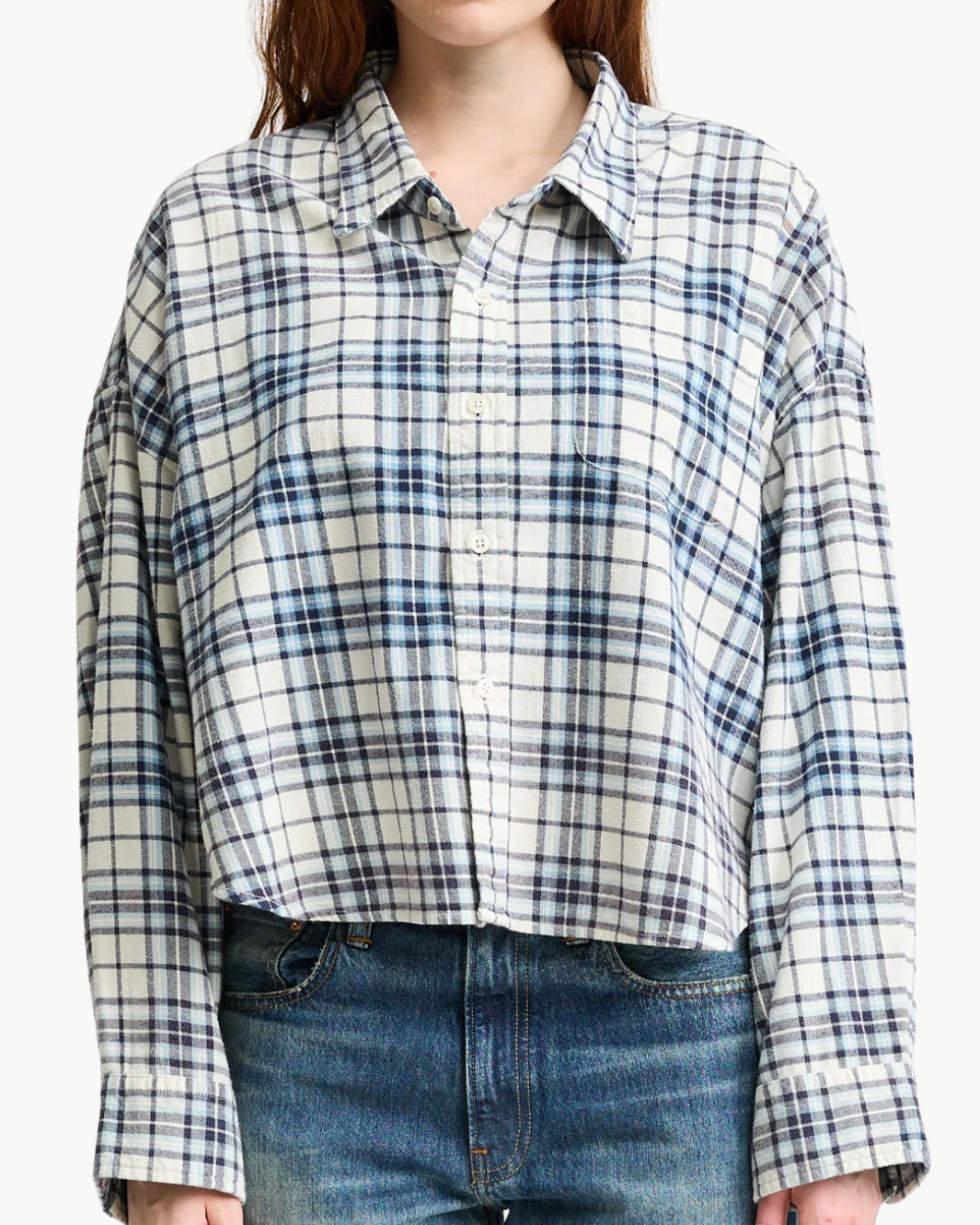 CROPPED BUTTON FRONT SHIRT IN ECRU/LIGHT BLUE PLAID