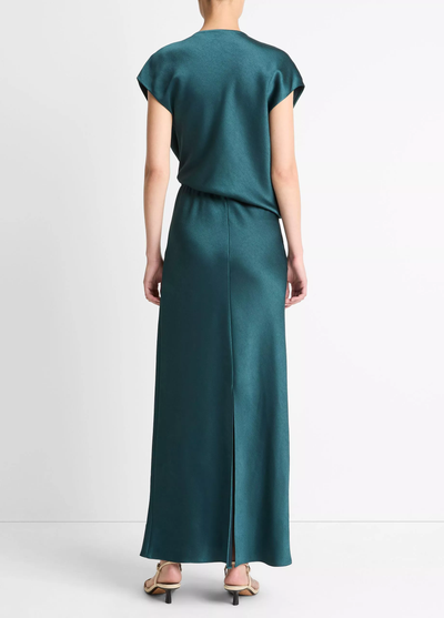 DRAPED SATIN COWL-NECK DRESS IN JUNIPER