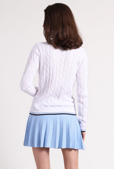 COTTON SPORTY CABLE V NECK IN WHITE/CAMEO BLUE