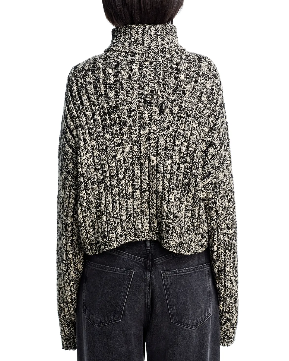 AMERICAN FLAG CROPPED TURTLENECK SWEATER IN MARLED BLACK/CREAM