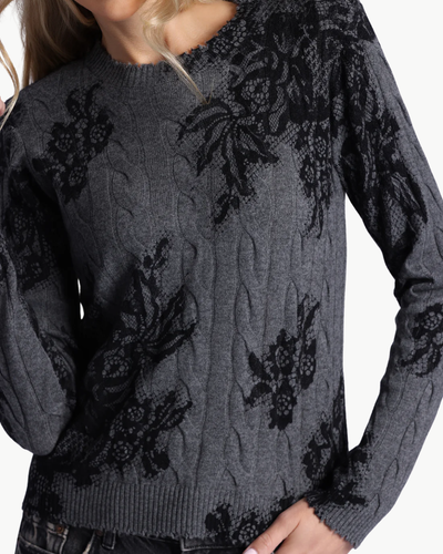 CASHMERE PRINTED LACE CABEL CREW NECK IN CHARCOAL HEATHER GREY
