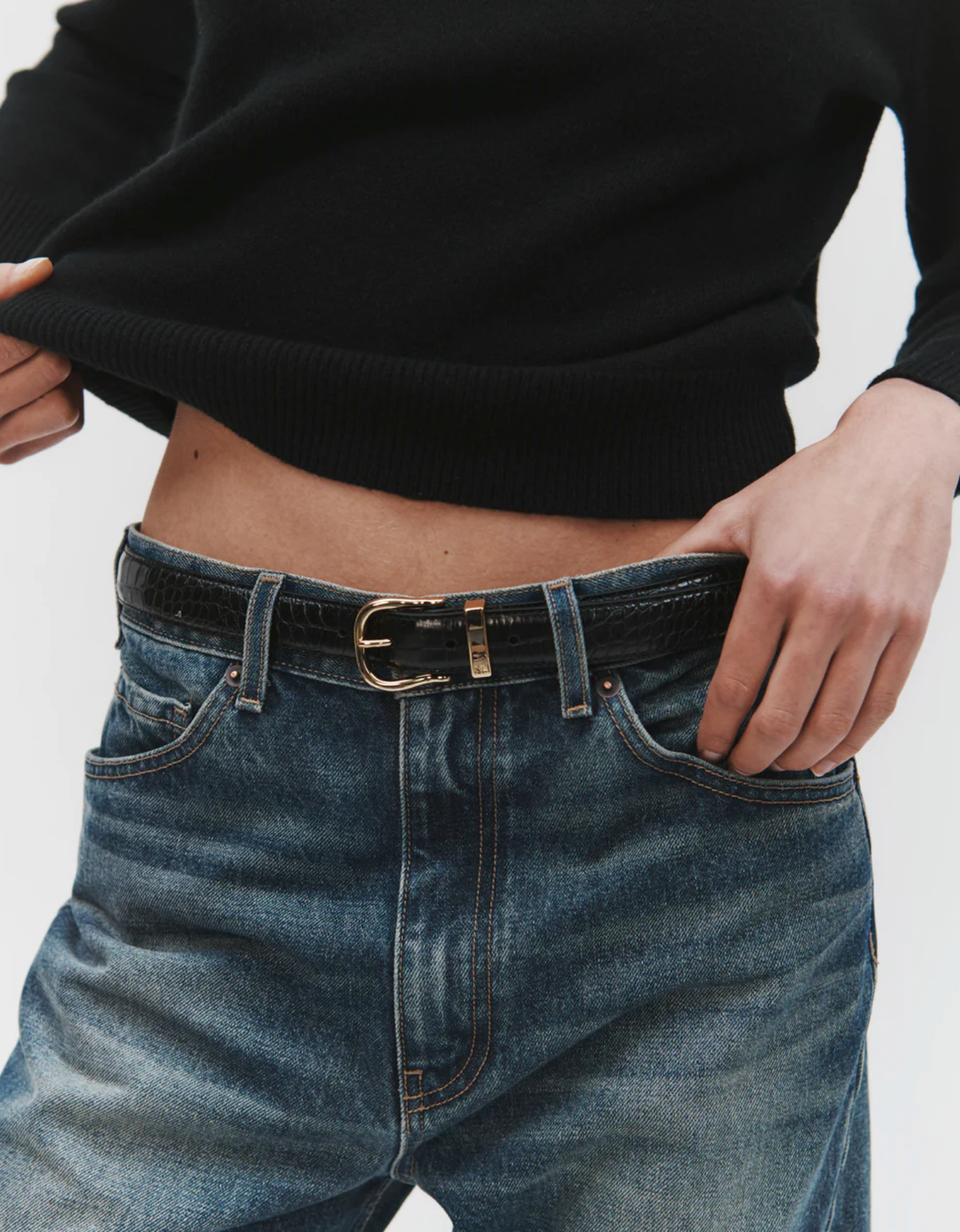 LOUISE BELT IN BLACK CROC W/ BRASS BUCKLE