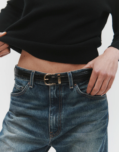 LOUISE BELT IN BLACK CROC W/ BRASS BUCKLE