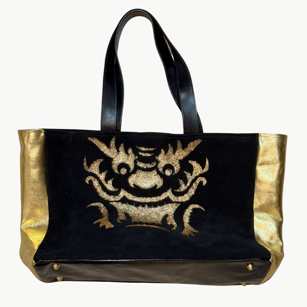 MAHJONG GAMER TOTE IN BLACK SUEDE/ GOLD LEATHER WITH SMOOTH SIDES