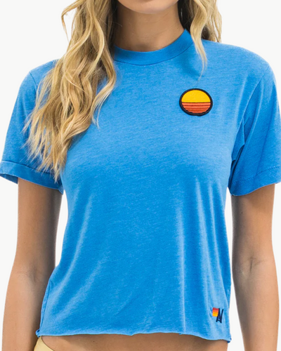 SUNSET PATCH BOYFRIEND TEE IN COBALT - Romi Boutique