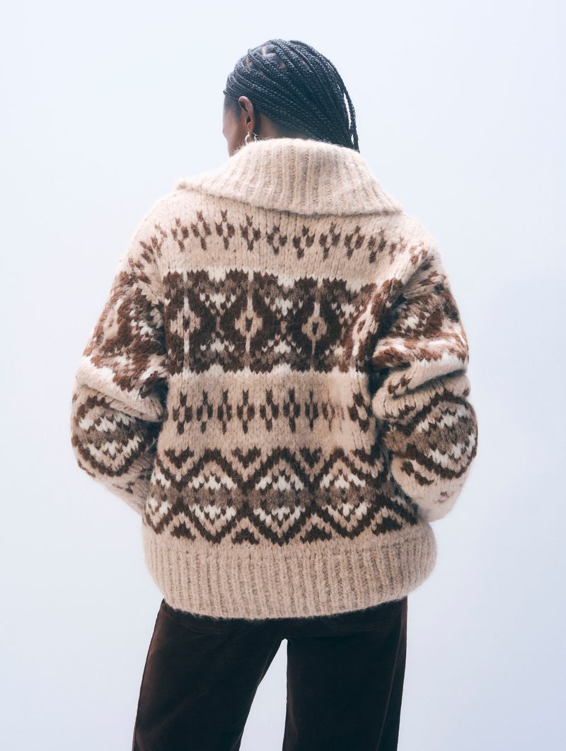 ALPACA BLEND FAIR ISLE BOMBER IN BROWN COMBO - Romi Boutique