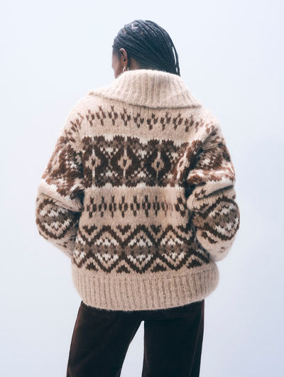 ALPACA BLEND FAIR ISLE BOMBER IN BROWN COMBO - Romi Boutique