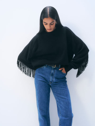 CASHMERE BLEND LUXE FRINGE CREW IN BLACK