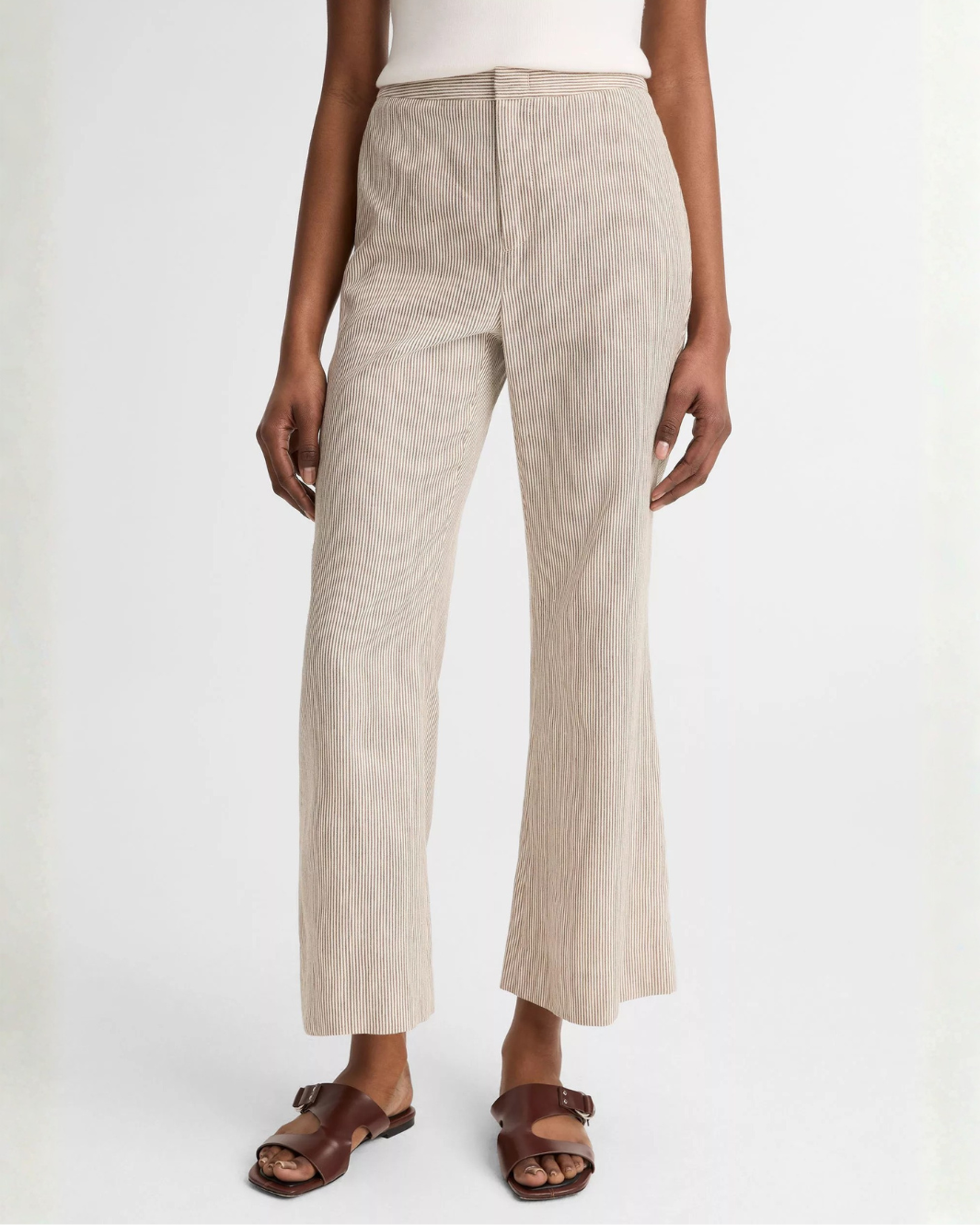 Vince Ticking Stripe Linen-Cotton Low-Rise Crop Flare Trouser at Romi Boutique