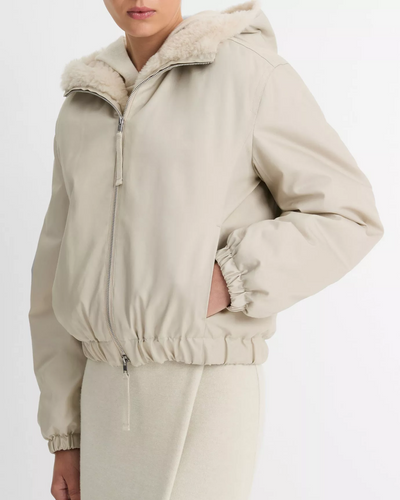 FAUX FUR LINED BOMBER JACKET IN CERAMIC