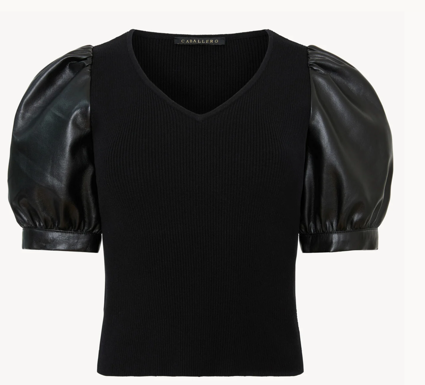 ANDREA TOP W/ VEGAN LEATHER SLEEVES IN BLACK