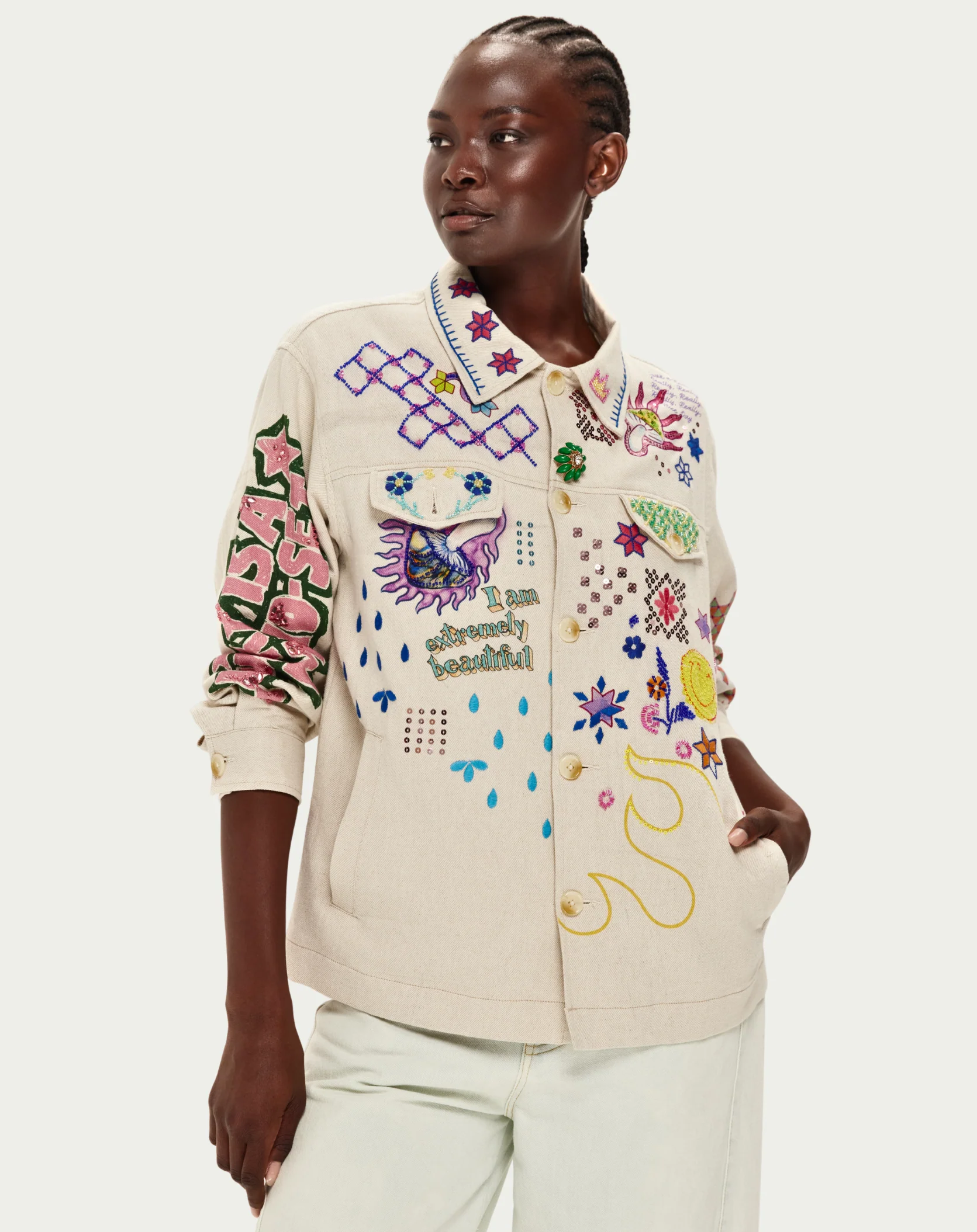 Me369 BRIANN EMBROIDERED DENIM at Romi Boutique