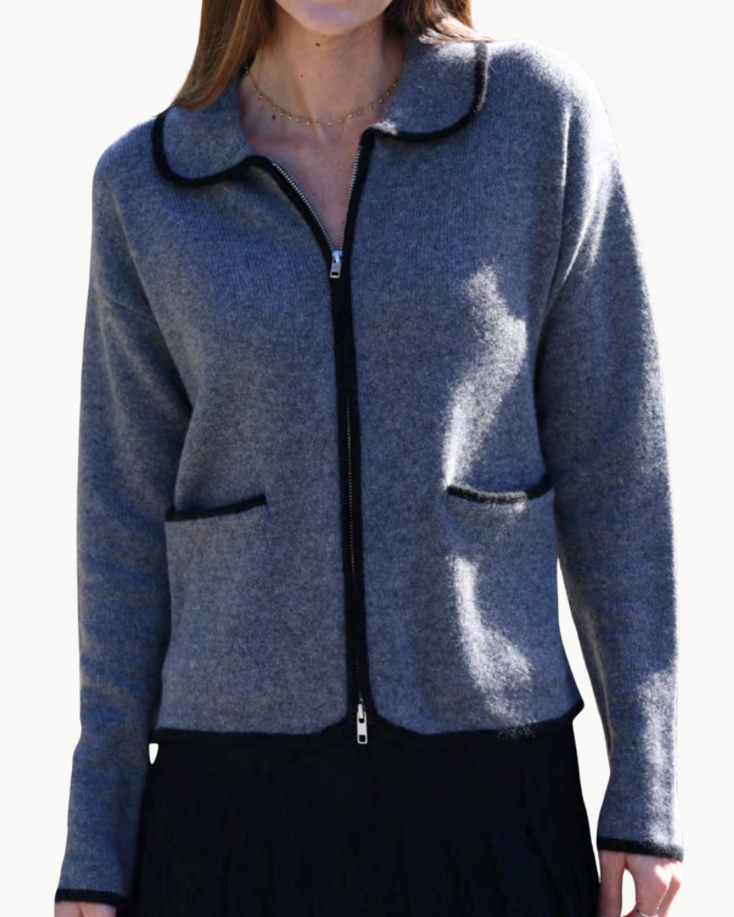 KALINA ZIP UP CARDIGAN IN CHARCOAL