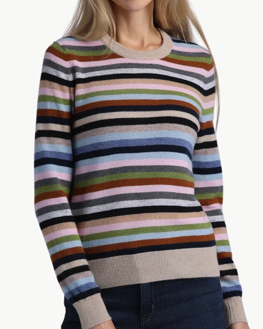 CASHMERE STRIPED LONG SLEEVE CREW IN MULTI STRIPE