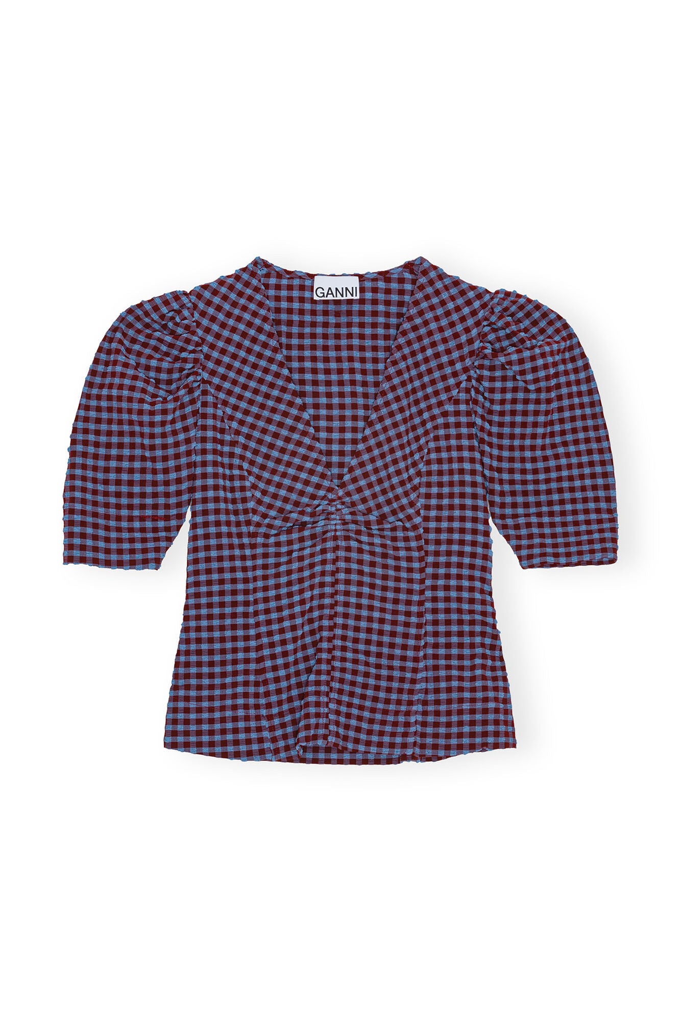 CHECKERED SEERSUCKER V-NECK BLOUSE IN RACING RED - Romi Boutique