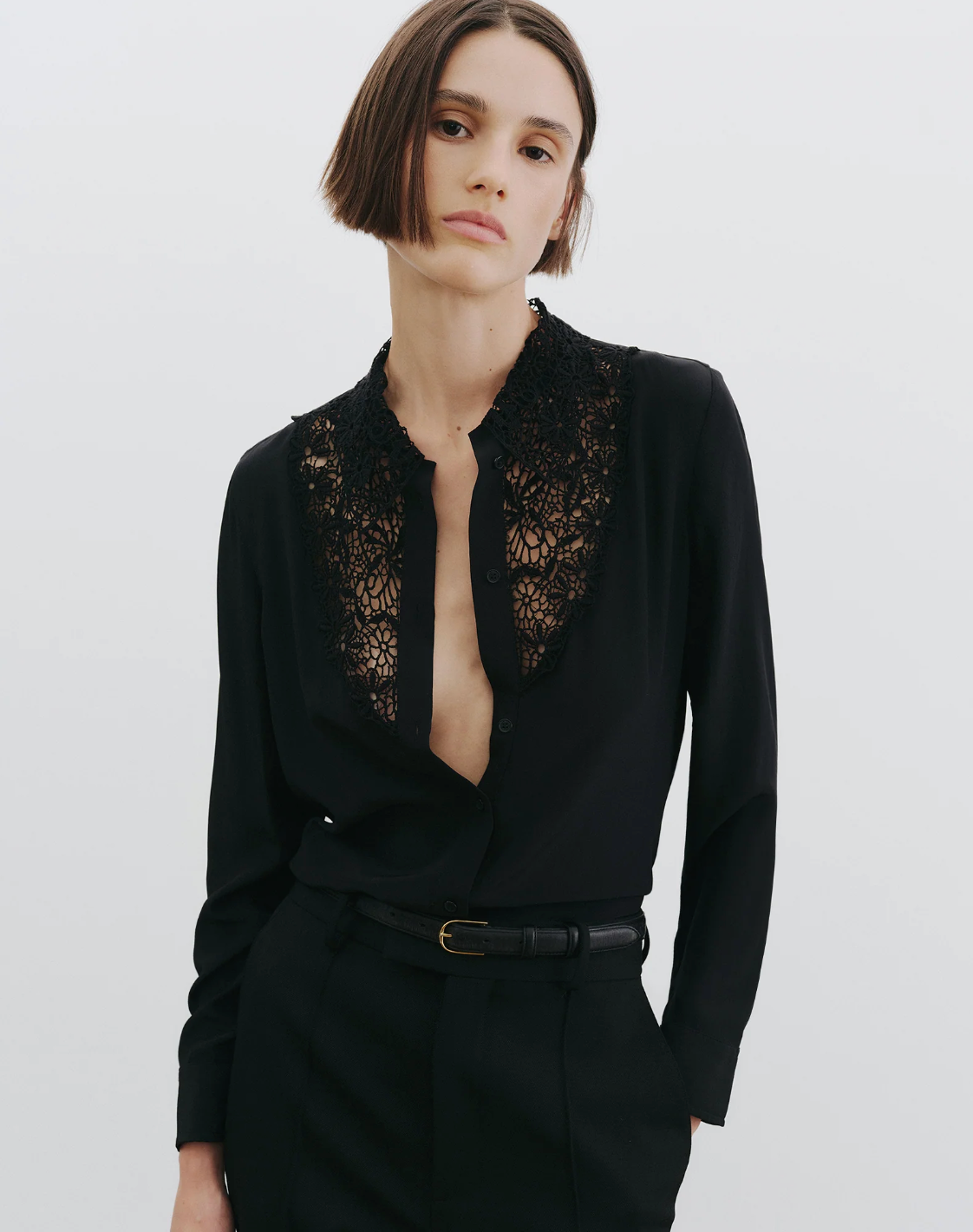 Nili Lotan ZOLA LACE/SILK SHIRT IN BLACK at Romi Boutique