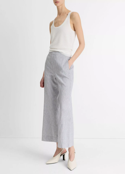 TICKING STRIPED CROP FLARE TROUSER IN IRIS SLATE/ OFF WHITE