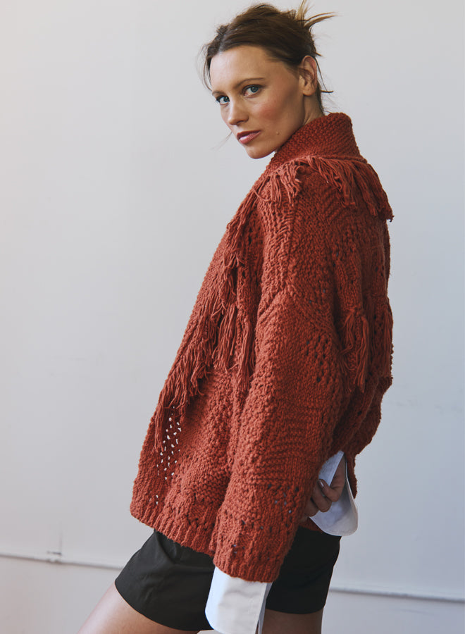 SOUTHWEST FRINGED SHAWL COLLAR THROW IN PERSIMMON - Romi Boutique