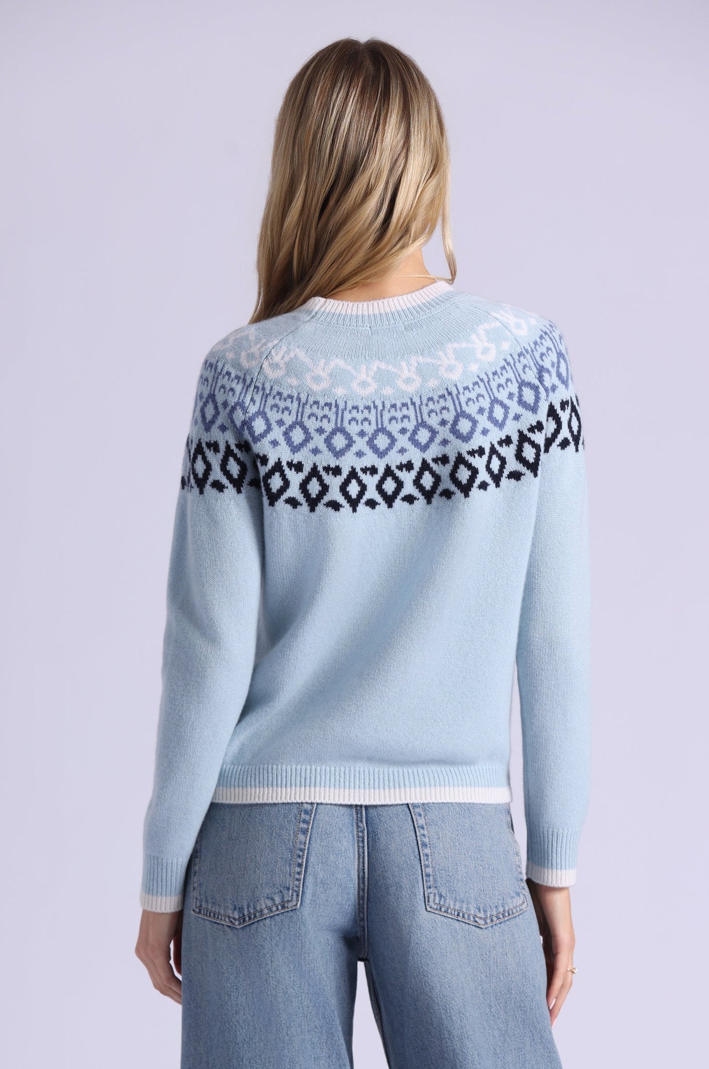 CASHMERE FAIR ISLE CREW NECK W/ TIPPING IN FRESCO BLUE COMBO