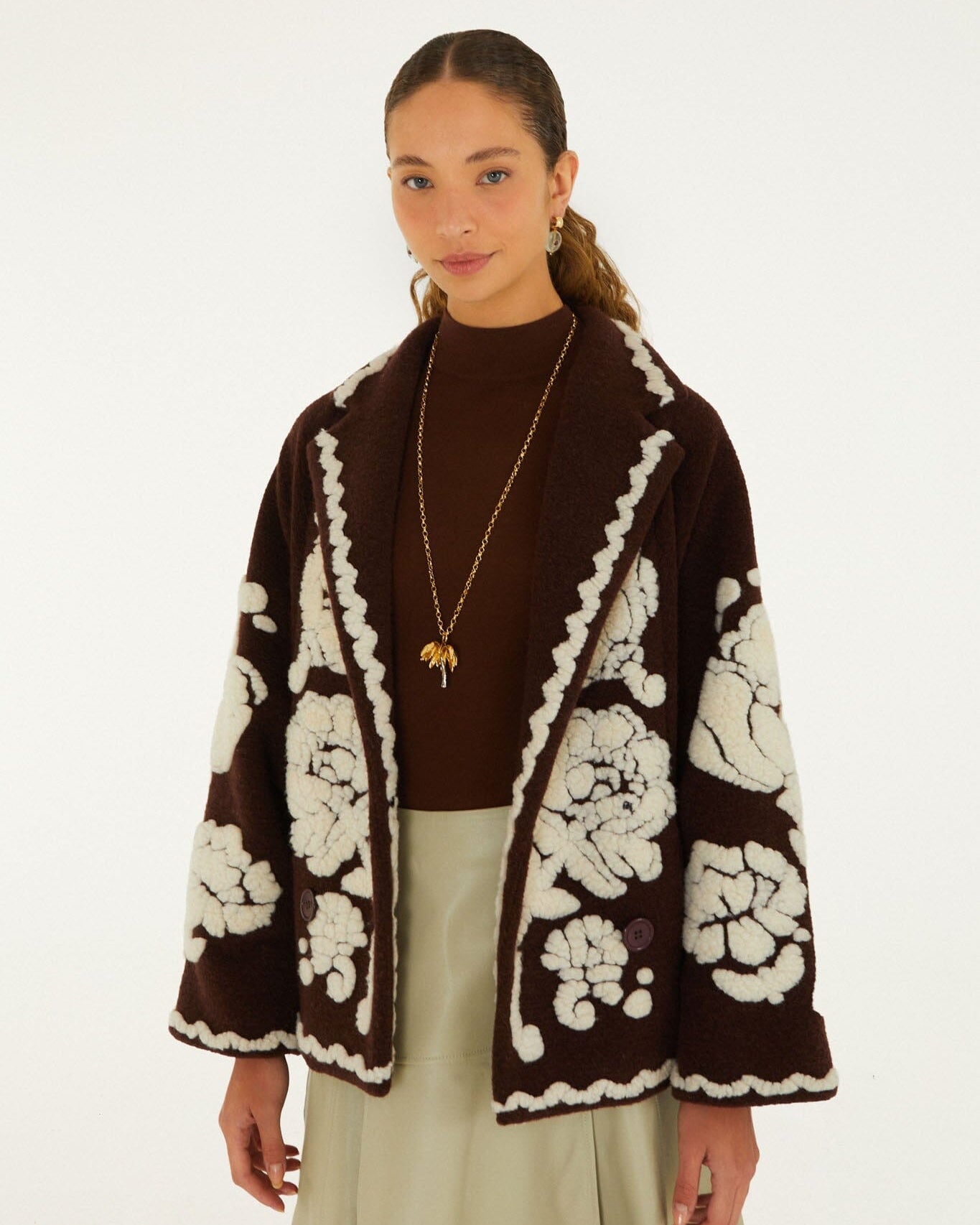 FARM Rio Flowers Pockets Crop Fleece Coat at Romi Boutique