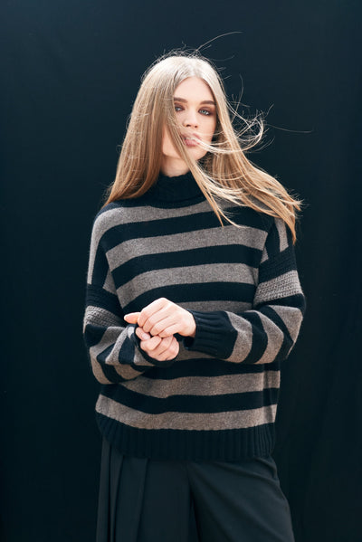 STRIPE BRETON CASHMERE WOOL TURTLENECK IN BLACK/MOOSE - Romi Boutique