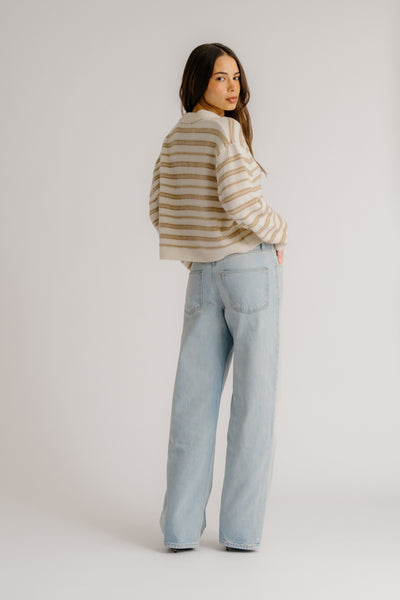 ELSIE RELAXED STRIPED CASHMERE POLO IN GARDENIA/CAMEL