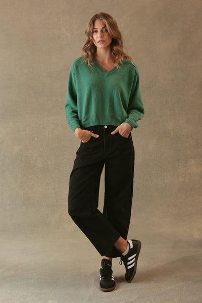 CRYSTAL CROPPED SADDLE SLEEVE V-NECK IN JADE