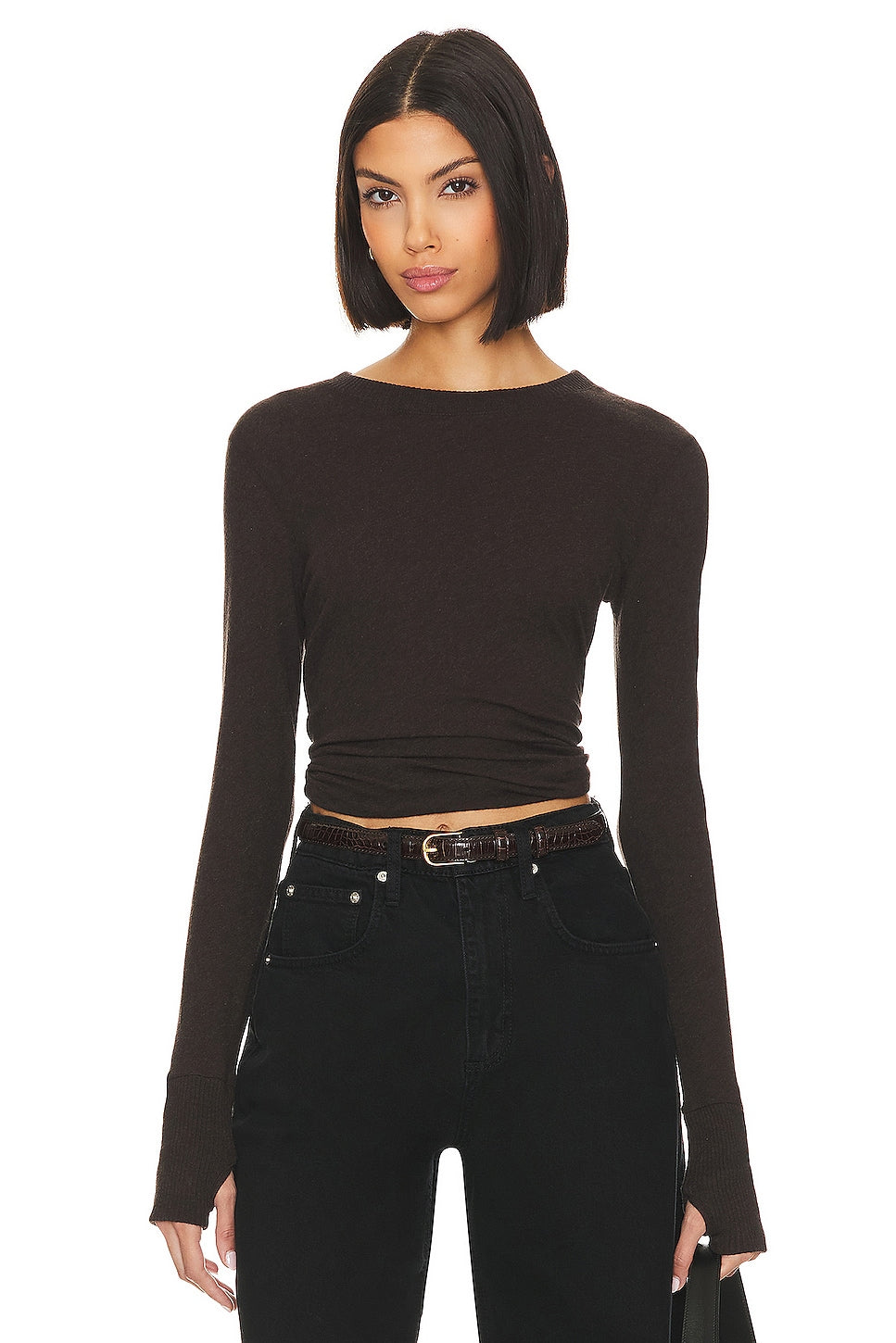 CASHMERE EASY CUFFED CREW IN DARK BROWN