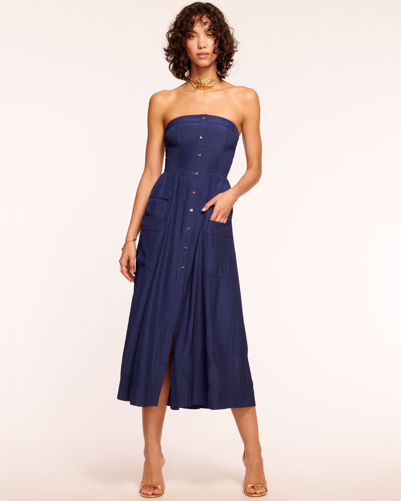 BLAIR STRAPLESS SMOCKED MIDI DRESS IN SPRING NAVY - Romi Boutique