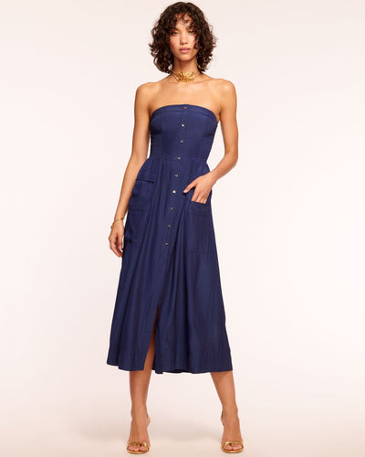 BLAIR STRAPLESS SMOCKED MIDI DRESS IN SPRING NAVY - Romi Boutique
